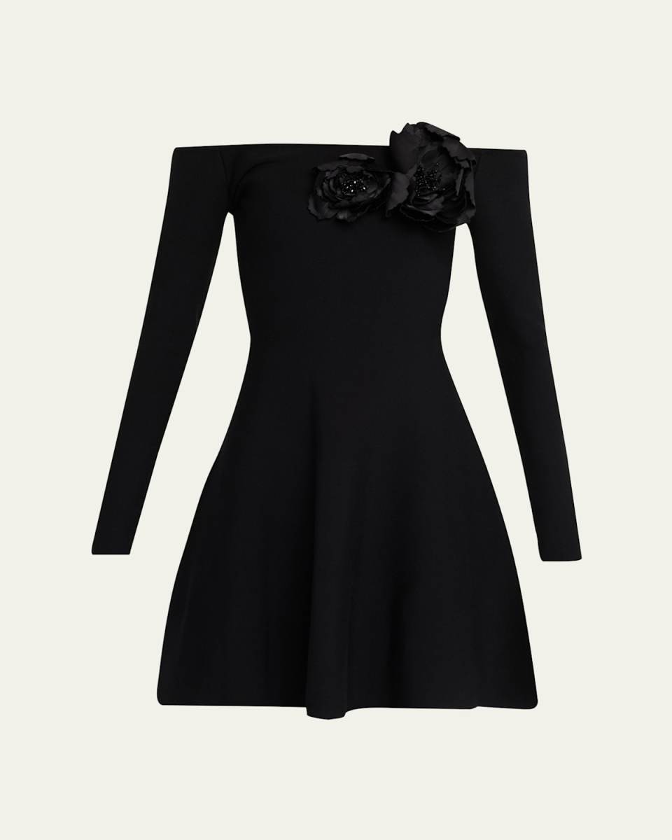 Off-The-Shoulder Flower Applique Long-Sleeve Knit Mini Dress